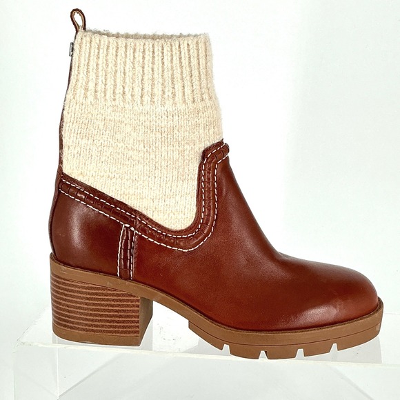 Nine West Shoes - Nine West Size 7.5  Brown Leather Knit Lug Sole Ankle Boots Popit Stacked Heel